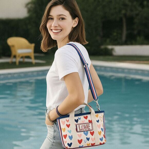 Brighton Mini Tote Canvas Hearts Satchel Crossbody Strap “LOVE” NWT - Picture 1 of 14